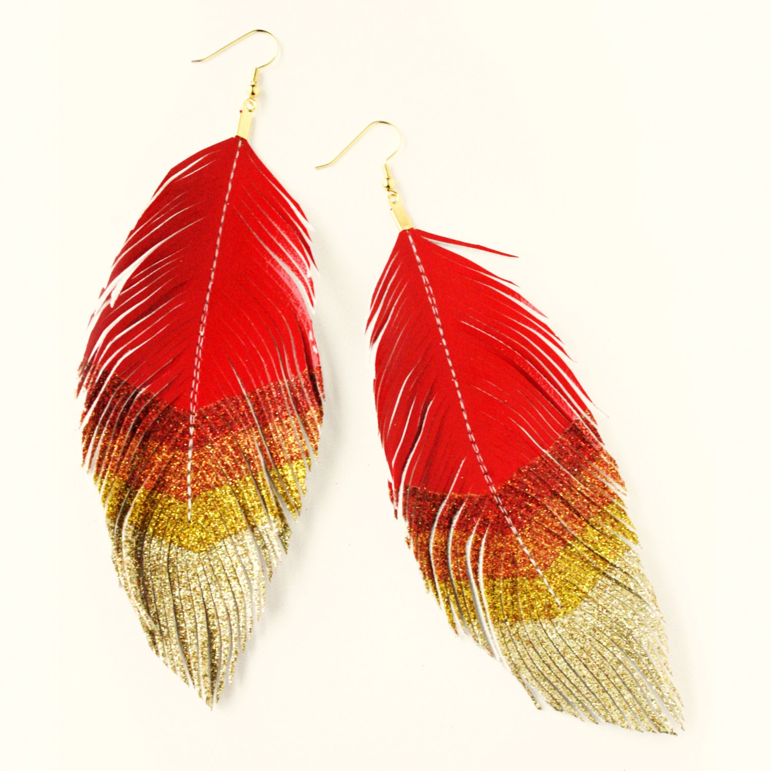 Girl On Fire - RED - Glitter and Faux Leather BIG Feather Earrings