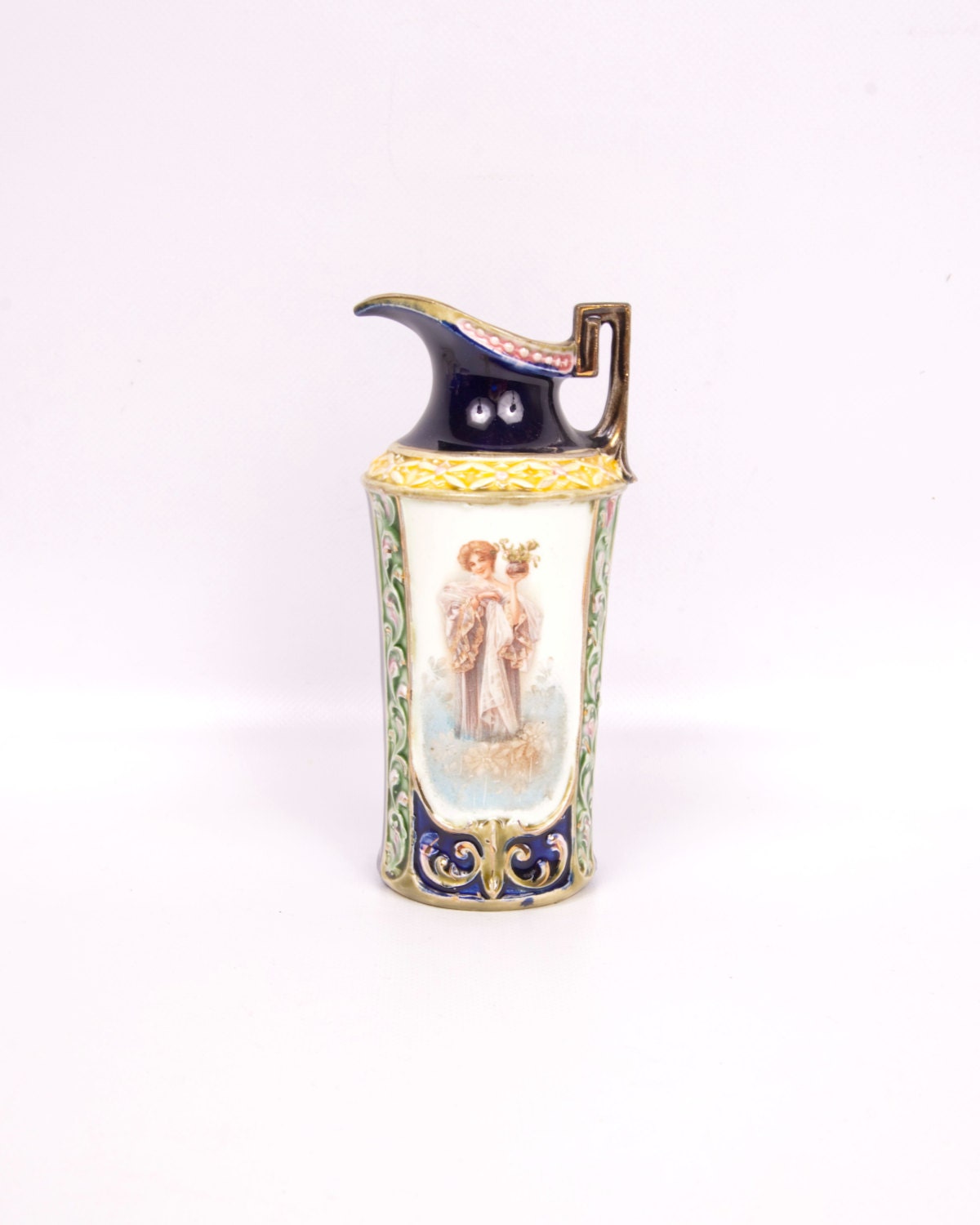 Vintage Earthenware Ewer Cobalt Blue Pitcher Tankard Vase Applique Scene Creamer