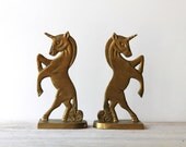 Vintage brass unicorn statues / desk accessory / art deco style / paperweight / fantasy / home decor / gold color / patina / office decor