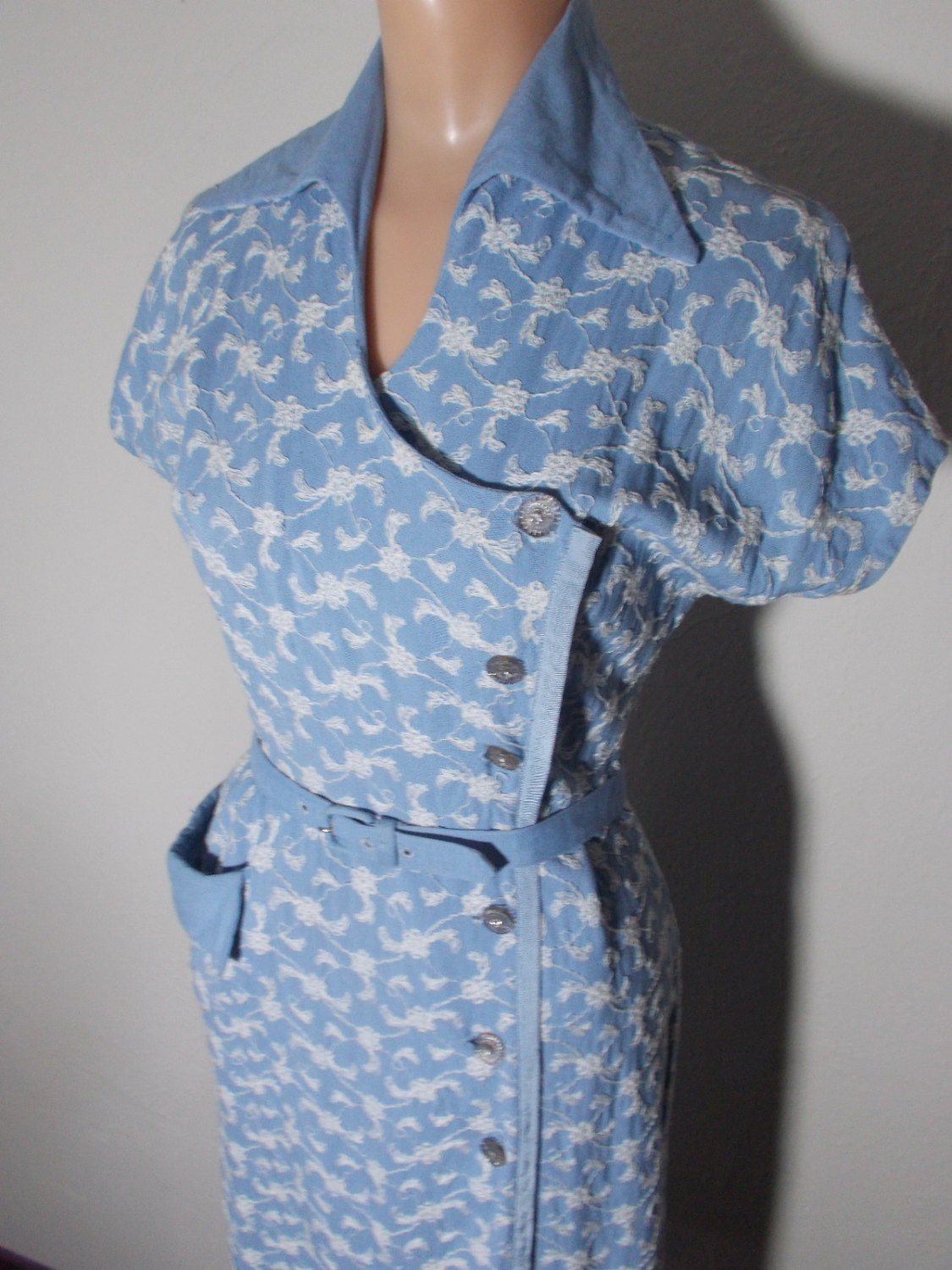 AUTHENTIC Vintage 1940s 1950s PINUP BOMBSHELL Blue Rhinestone Wiggle Dress Small