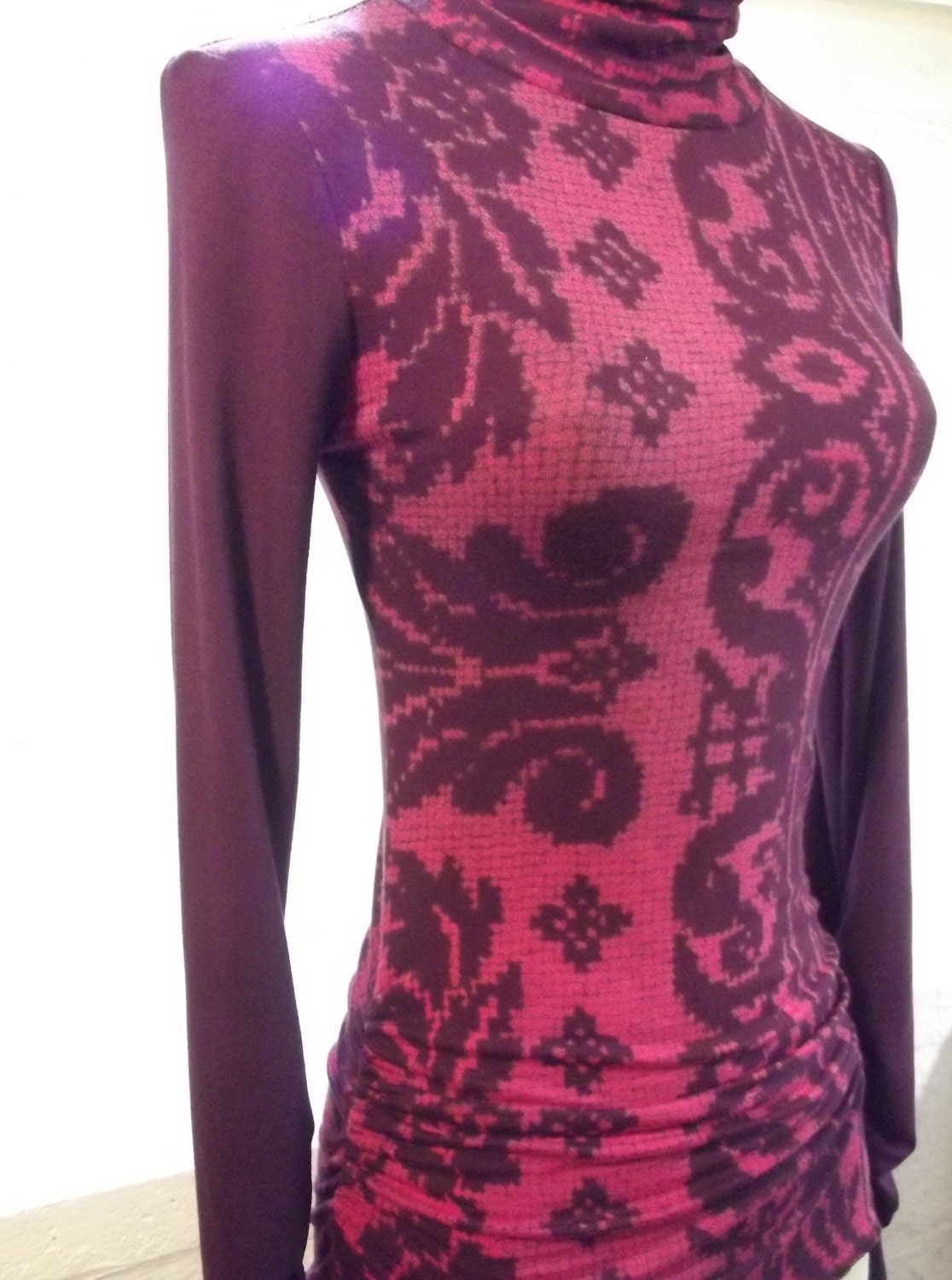 Women's jersey long sleeve Turtleneck T Shirt OOAK - Vintage inspired collection - hand printed jersey top - designer t shirt
