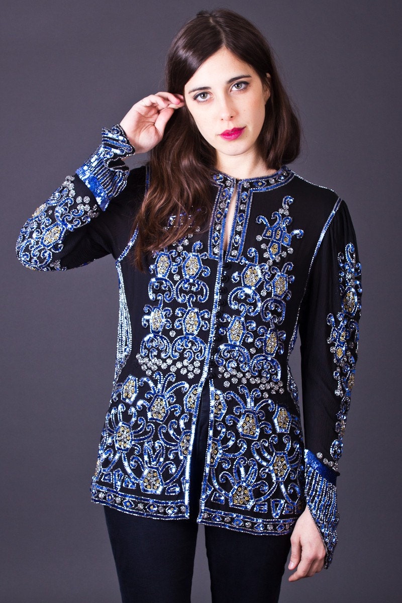 80s Vintage Beaded Silk Jacket in Silver & Blue