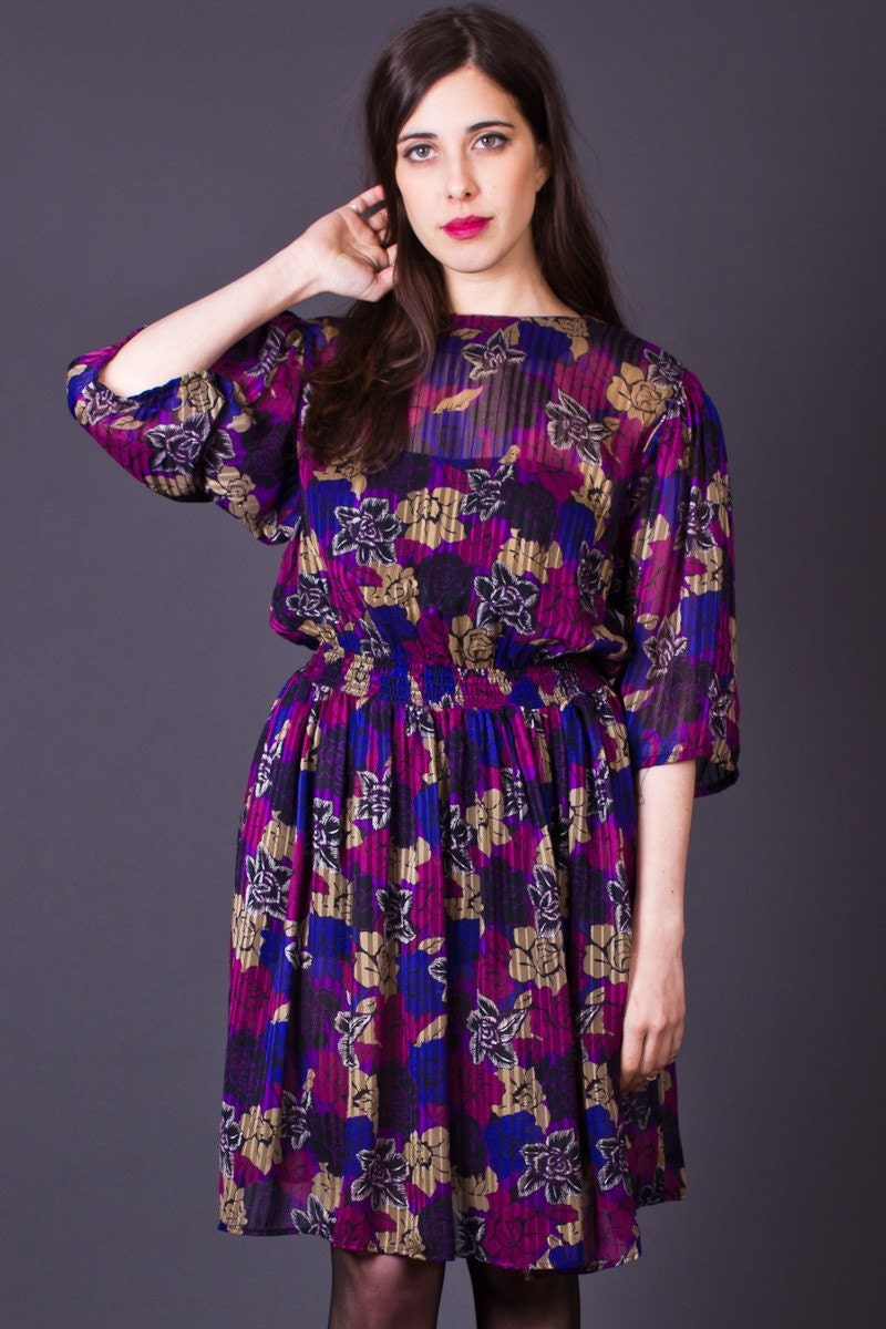 80s Vintage Sheer Floral Print Dress in Purple