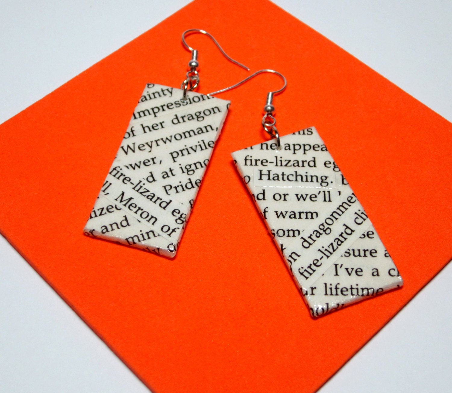 Dragonriders of Pern Earrings. Wordsmith. Weyr. Dragon. Upcycled Text Literature. Wood Base. Nickel Free. Dragonquest.