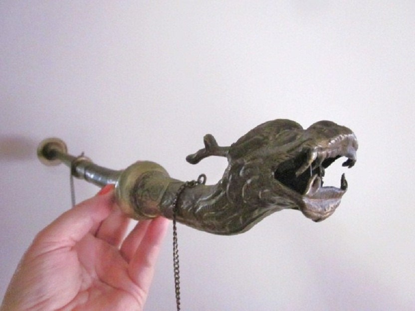 Rare Antique Dragon Brass and Copper Tibetan prayer horn trumpet with chain. Great sounding Instrument.