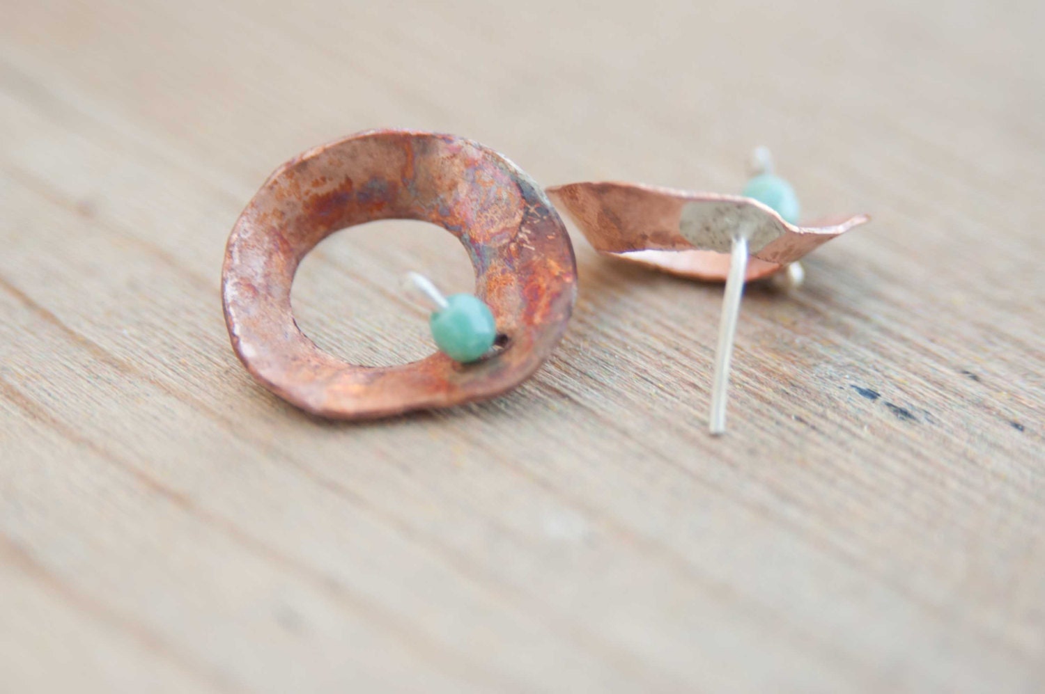 Turquoise glass eclectic earrings -  Handcrafted metal jewelry
