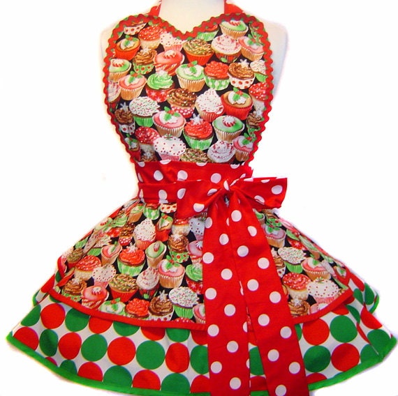 Exclusive "Sparkling Christmas Cupcake" Christmas Pinup Apron Diner Apron-Only from Tie Me Up Aprons