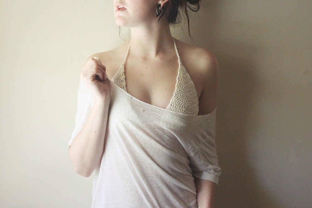 Natural Undyed Ecru Cotton Bra / Bikini Top - Made To Order - Unique 70's Style Swimwear - Hand Crochet Basics - Comfortable Vegan Clothing
