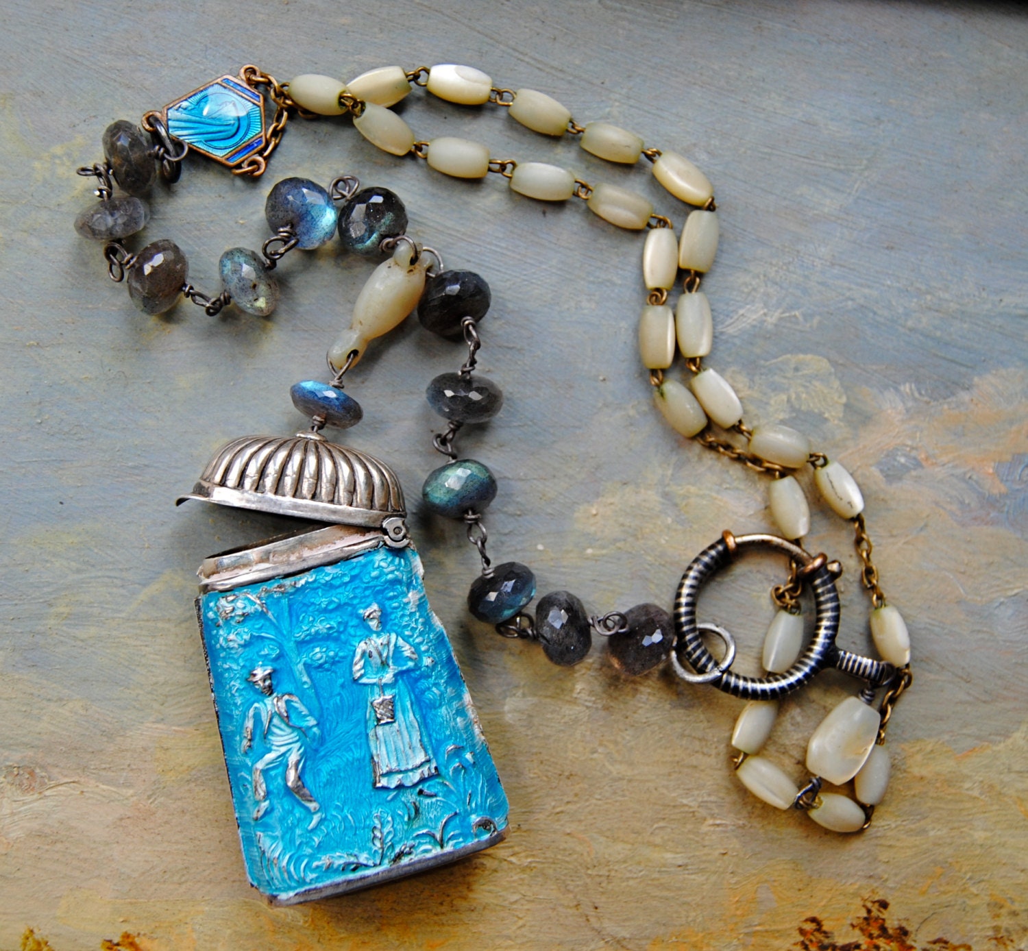 Enameled Azure Necklace.  Antique rosary, Vintage assembled, antique repurposed, reconstructed,  azure