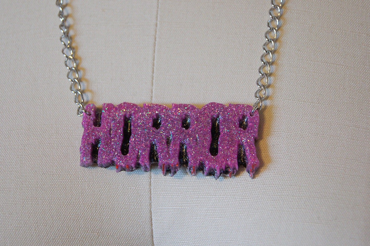 Horror Text Necklace, Glitter Pink and Black.