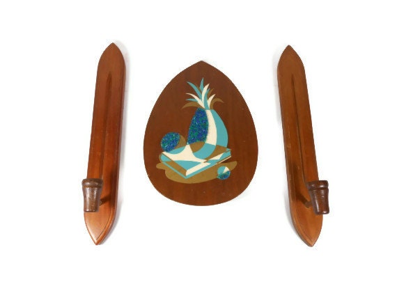 Danish Modern Art Mid Century Wood Art Candle Sconce Set Pineapple Art MOD Atomic