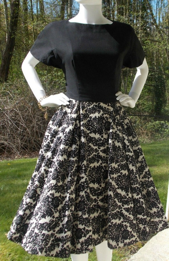 50s Black and White Toile Linen Party Dress - Audrey Hepburn Inspired