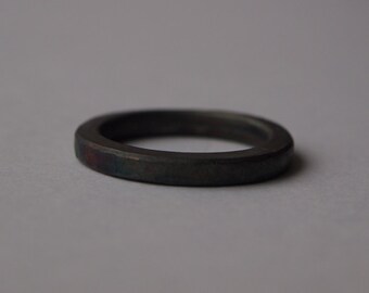Black Hammered Square Ring. Oxidised Sterling Silver.