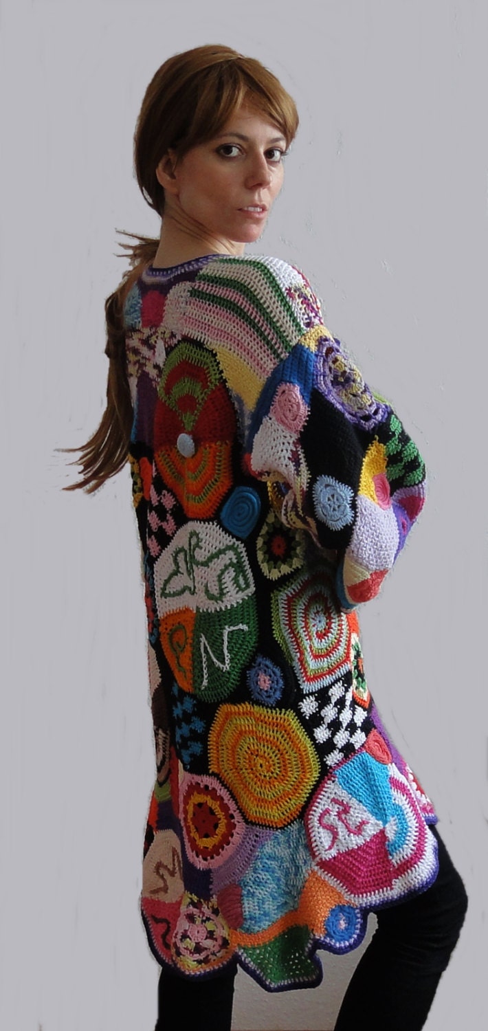 Multicolor cardigan hand made crochet patchwork vest jacket hippie dress boho chic vintage high fashion bohemian gypsy