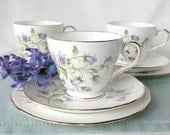 Bone china tea cup, saucer and plate: pretty Duchess tea set with bluebell pattern, a lovely set for a tea lover