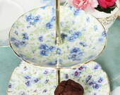 2 tier mini cake stand / wedding display / jewelry stand: pretty purple pansies, perfect for a special tea party
