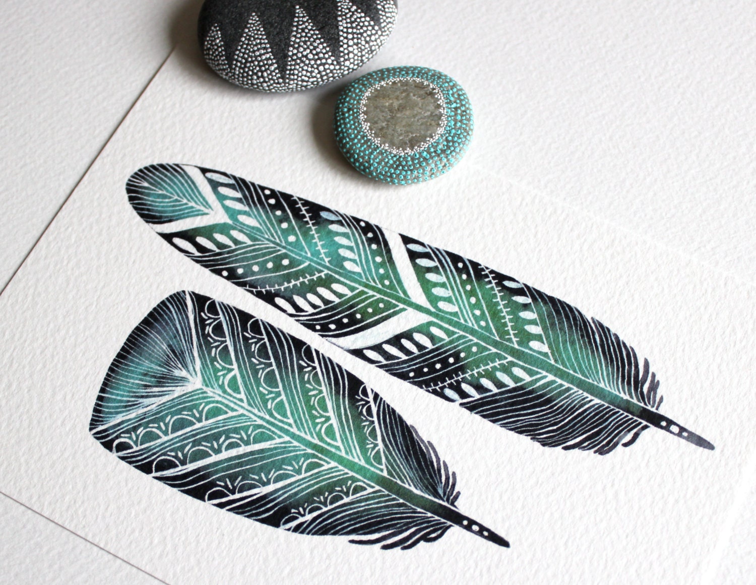 Emerald Feathers - Watercolor Painting - 8x10 Archival Print