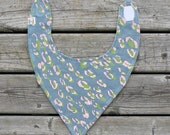 Hand printed reversible Bandana Bib in Slate/Lime Green 'Cheetah' Print