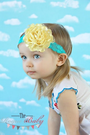 Turquoise & Yellow Headband - Satin and Lace - Newborn -Toddler  - Photo Prop Flower Girl Womens - Blue Aqua