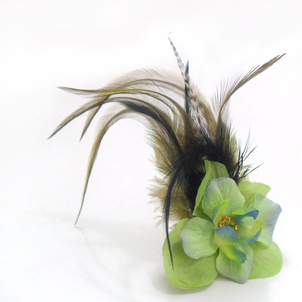 Bohemian Green Feather and Flower Hair Clip