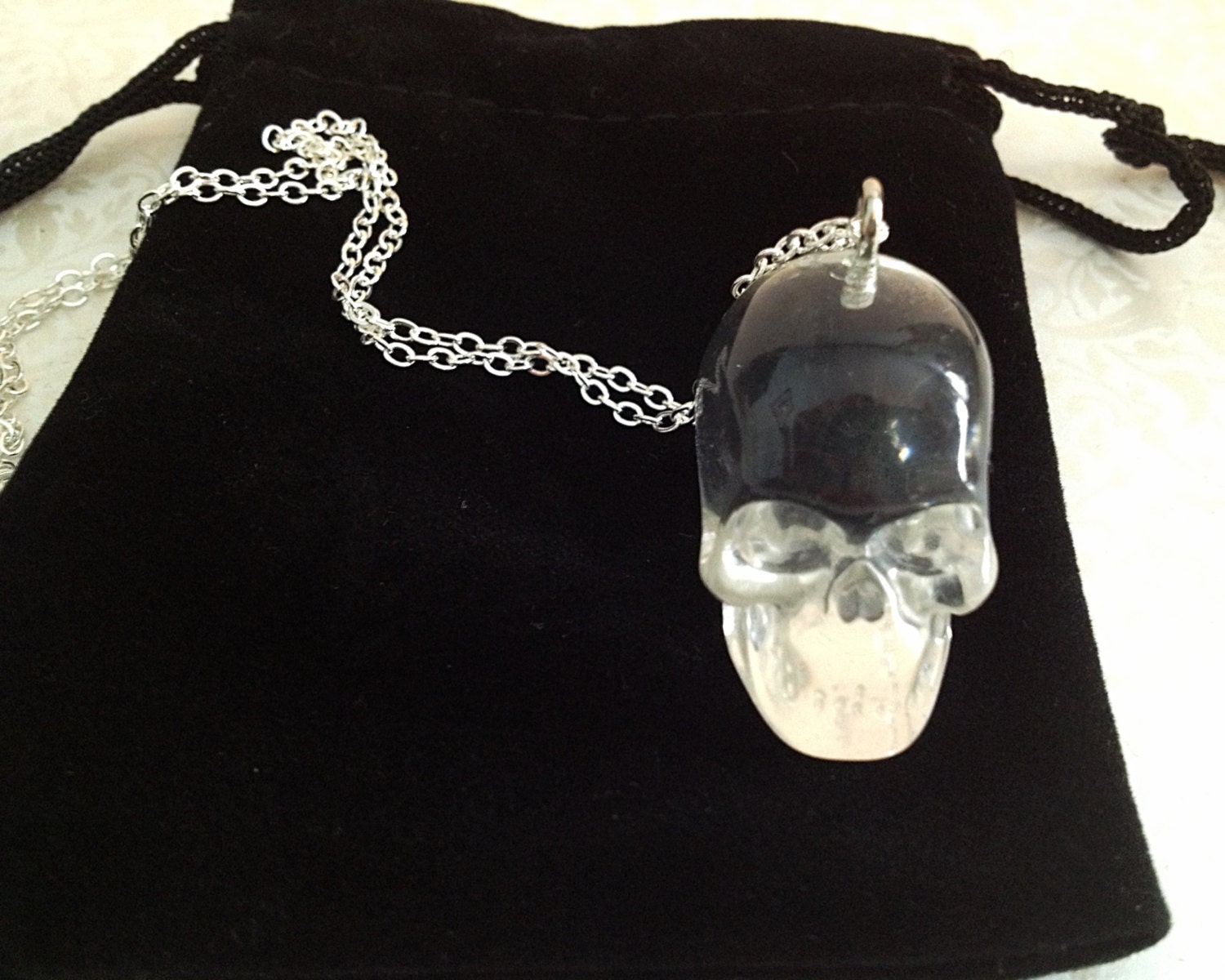 LAST ONE- Crystal Skull Necklace. Resin Skull. Silver Chain. Long Necklace. Spooky. Death Eater. Halloween. Under 20. Unisex. Gothic.
