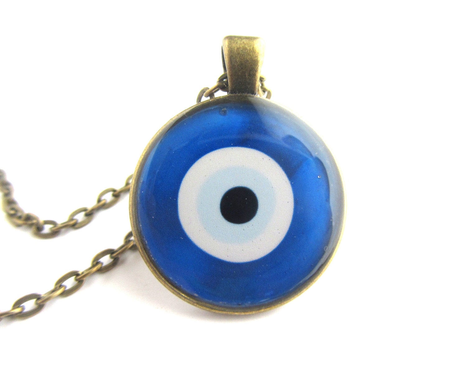 Nazar Evil Eye charm in blue and green, 1" round antique gold pendant