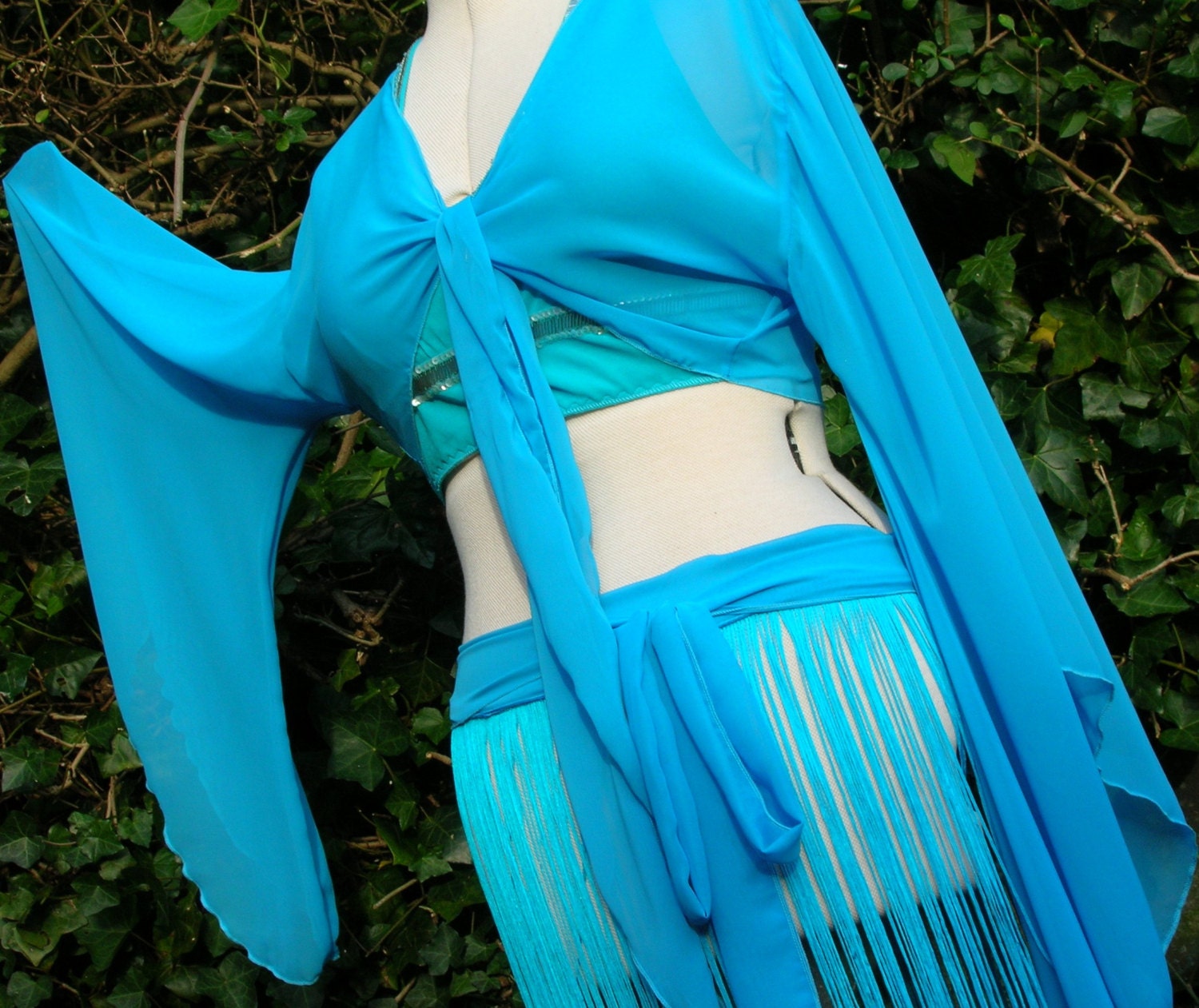 Womens angel sleeve tie front bolero blouse in plus size. Peacock and Rose turquoise womens clothing, belly dance top or beach wrap