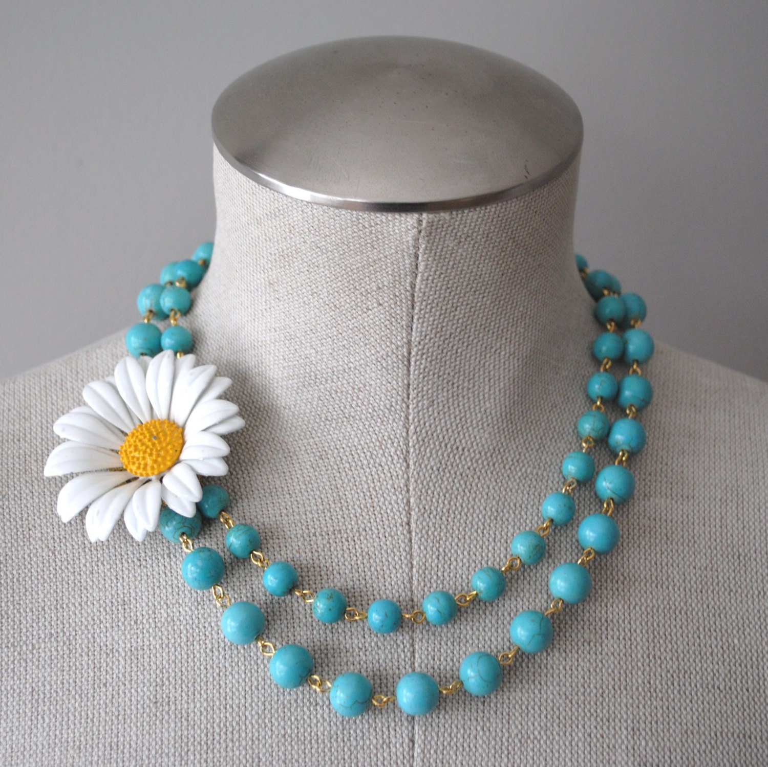 Vintage Daisy Enamel Flower Asymmetrical Necklace and Light Turquoise Blue Beads OOAK - Wedding, Bridal, Bridesmaid Statement Piece
