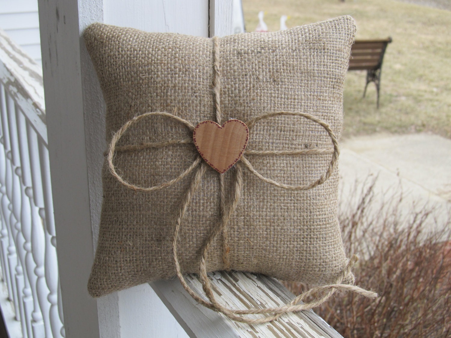 Natural Rustic Burlap Ring Bearer Pillow Personalized For Your Wedding Day