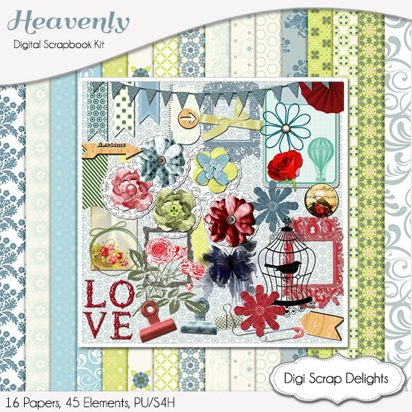 Heavenly Vintage Digital Scrapbook Kit Romantic Cottage Chic in Blue, Green, Red,  Instant Download. Limited CU