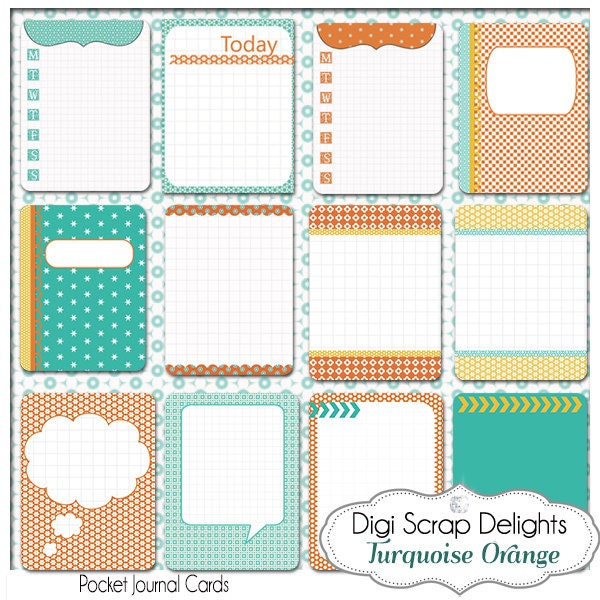 Turquoise Orange 3x4 Journal Cards, Pocket Cards, Project Life Inspired, Printable PDF & PNG, Digital Scrapbooking, Instant Download