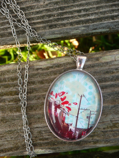 Blooming Thoughts, Original Art Print Oval Pendant Necklace
