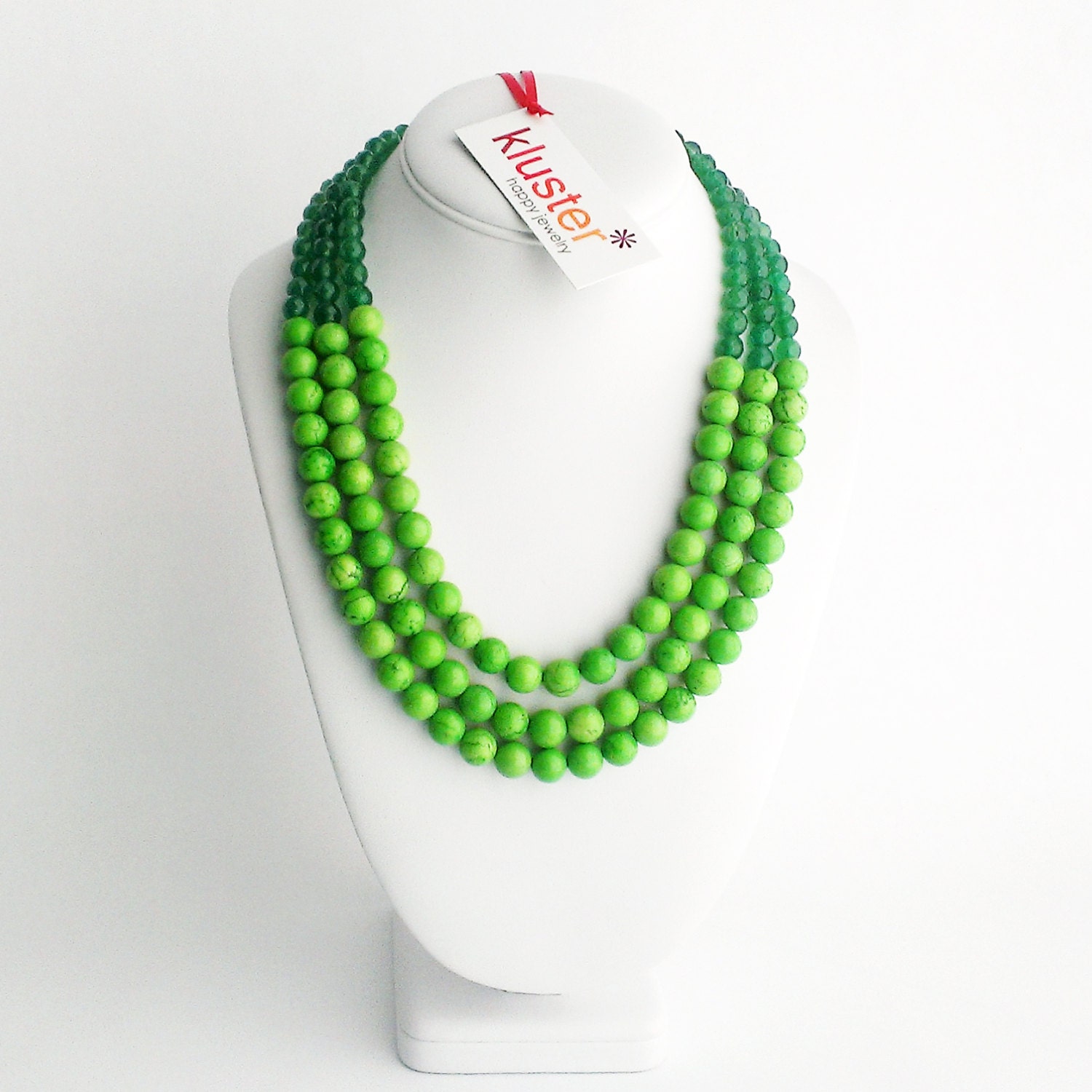 Lime Green Statement Necklace by Kluster, with Emerald Green Onyx Gemstones. Bright Chunky Necklace in 100% Sterling Silver.