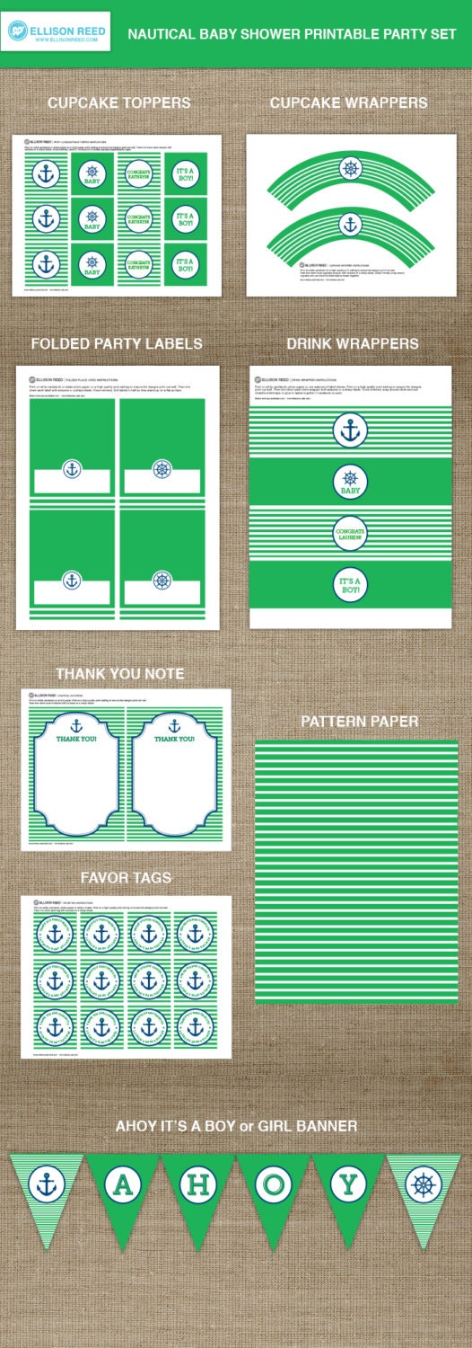 Nautical Baby Shower Printable Party - Anchor - Baby Shower Decorations - AHOY - Banner - Cupcake - Toppers - Favor Tags - Green - Navy Blue Il_570xn