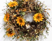 Country Wreath, Front Door Wreath, Everyday Wreath, Sunflowers, Honeysuckle, Summer Wreath, Bird Nest, Country Decor -- FREE SHIPPING