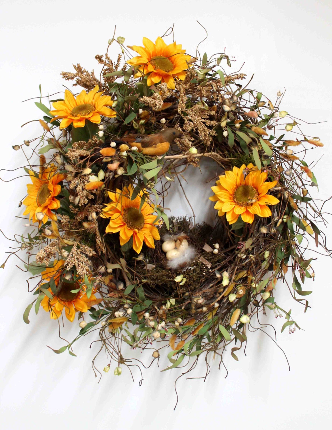Country Wreath, Front Door Wreath, Everyday Wreath, Sunflowers, Honeysuckle, Summer Wreath, Bird Nest, Country Decor -- FREE SHIPPING