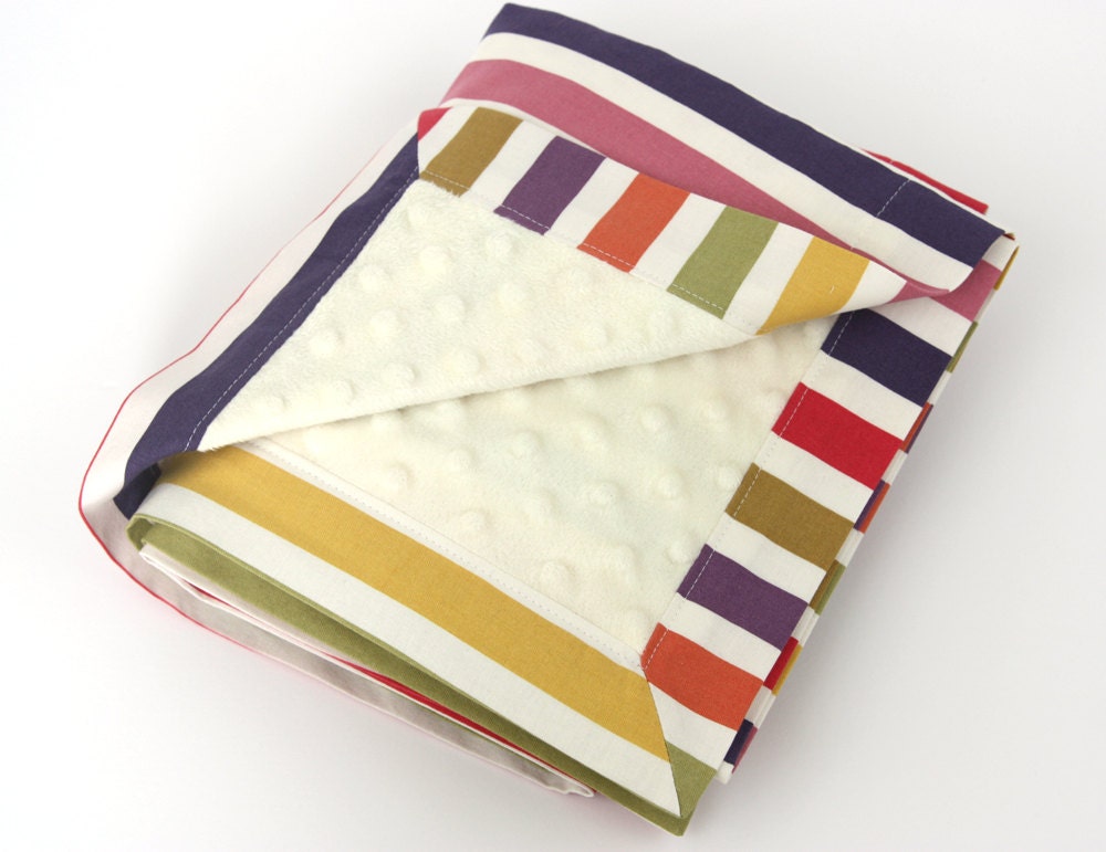 Baby Blanket - Colorful Stripes and Ivory Minky