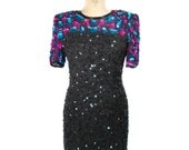 1980s Stenay Sequin Party Dress - Silk Dress - Wiggle Form Fitting - Black Blue Purple Pink - Size 10