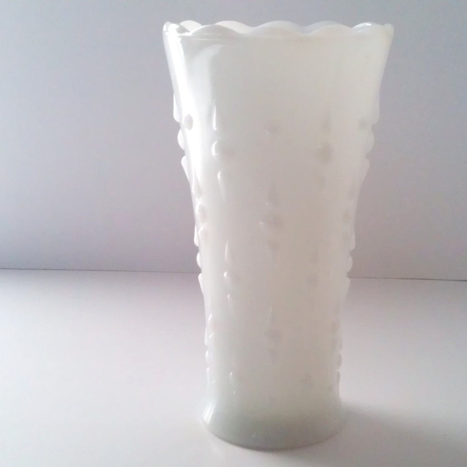 Vintage White Milk Glass Vase in Hobnail Anchor Hocking Teardrop and Pearl Pattern