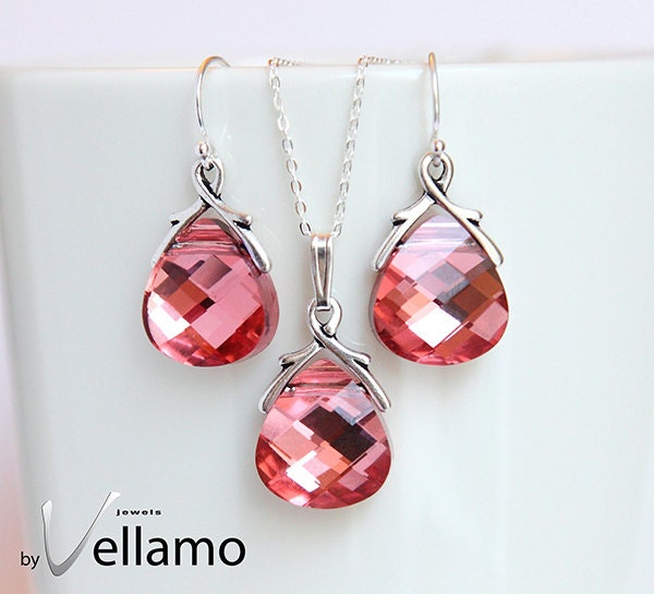 Sparkly pink Swarovski jewelry set with earrings and necklace, sterling silver, valentine, Swarovski