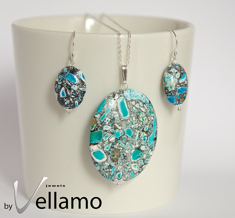 Jewelry set with ear-rings and pendant with beautiful blue with white and blak mosaic turquoise gemstones, very modern, sterling silver