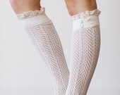 IVORY Lace Boot Socks Stretchy Over the Knee Knit Boot Socks With Lace Ruffle and Buttons Women's Fashion LegWear (BS-120A)