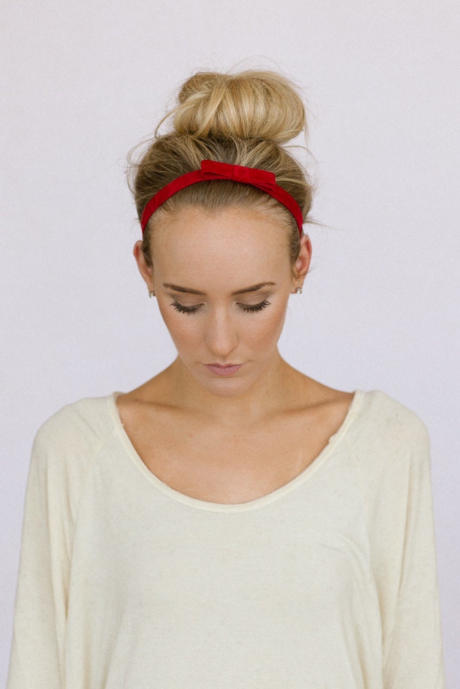 RED Velvet Bow Stretchy Headband Non-Slip Bow Headbands in Velvet ribbon and black elastic hair ties for added hold (HB-142F)