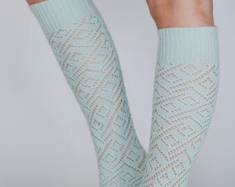 Fresh Mint Lacy Knit Leg Warmers with Ivory Vintage Lace Trim - Spring in Your Step Leg Warmers