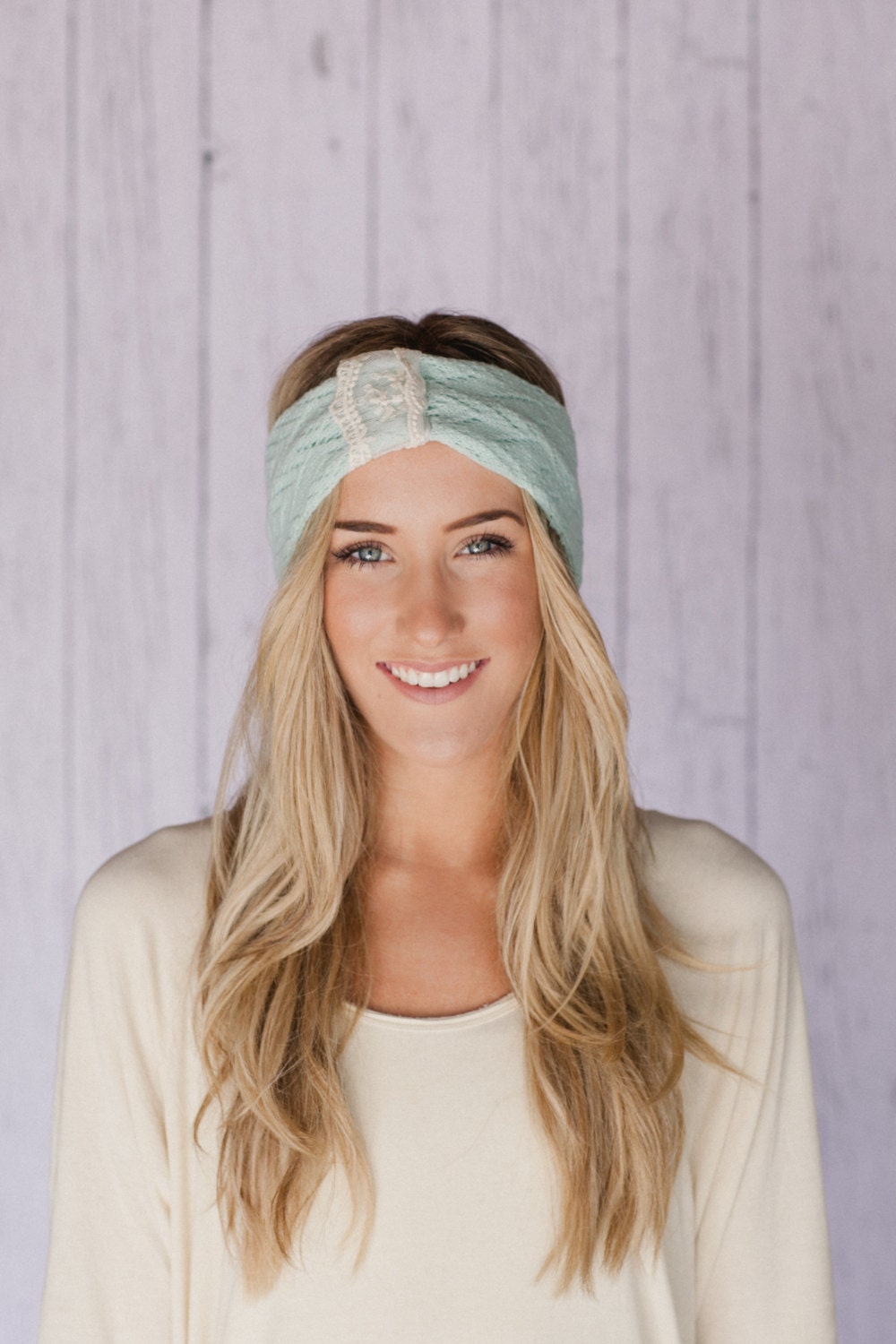 Lacy Headband in Fresh Mint Summer Knit Headband Hair Band Open With Vintage Lace in Mint Green