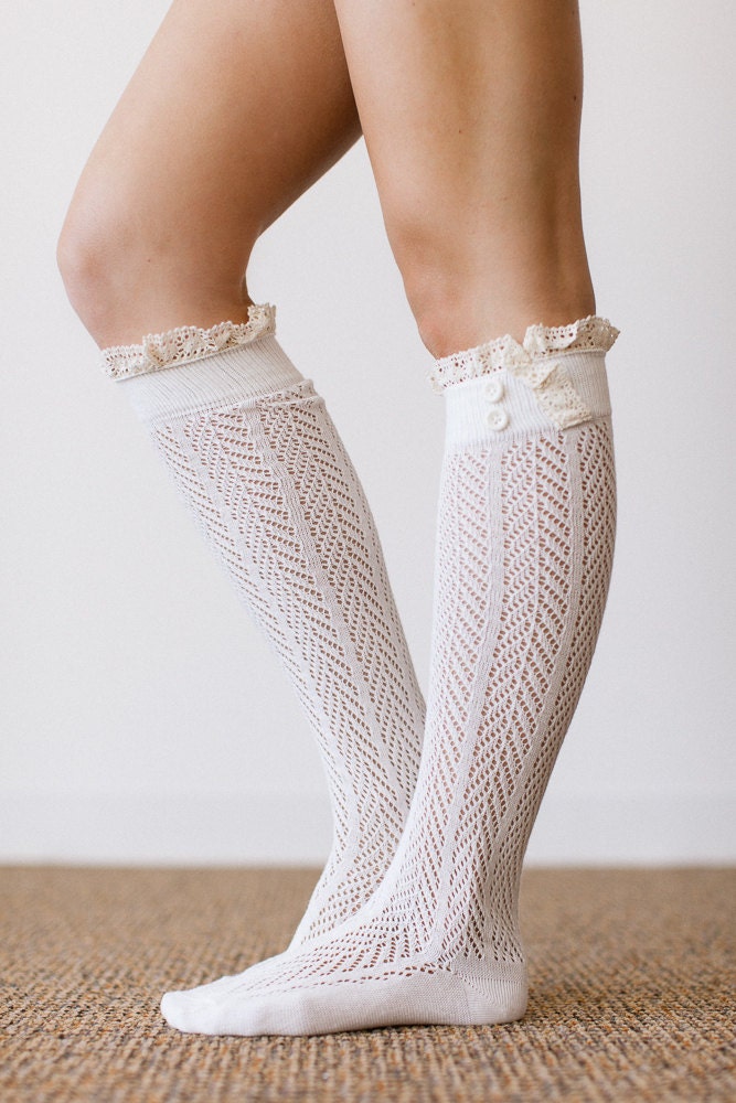 IVORY Lace Boot Socks Stretchy Over the Knee Knit Boot Socks With Lace Ruffle and Buttons Women's Fashion LegWear (BS-120A)