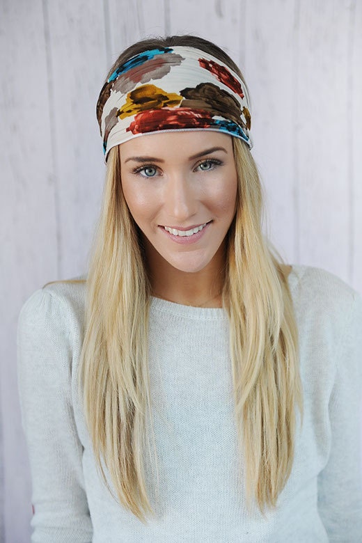 Ivory Floral Pleated Headband with Elastic Back and Large Flower Print - One Floral Headband