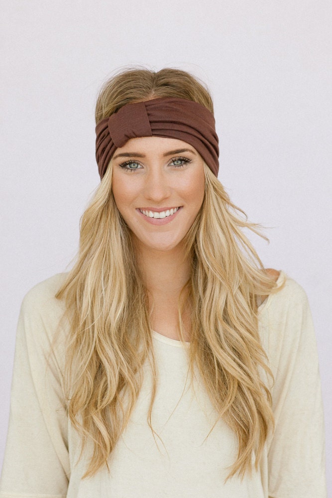 Mocha Turband Headband - Sparrow Headband in Brown Stretchy Jersey Hair Band Ruched with Fabric Wrap