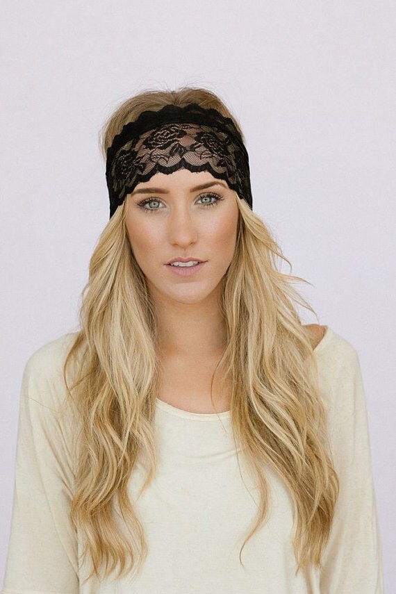 Black Lace Headband Stretchy Lacy Hair Bands Black Sheer with Tapered Cut and Scalloped Edge  (HB-SHLCE-L)