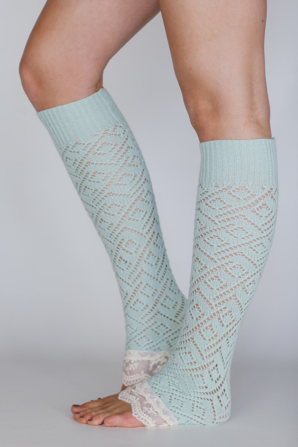 Fresh Mint Lacy Knit Leg Warmers with Ivory Vintage Lace Trim - Spring in Your Step Leg Warmers